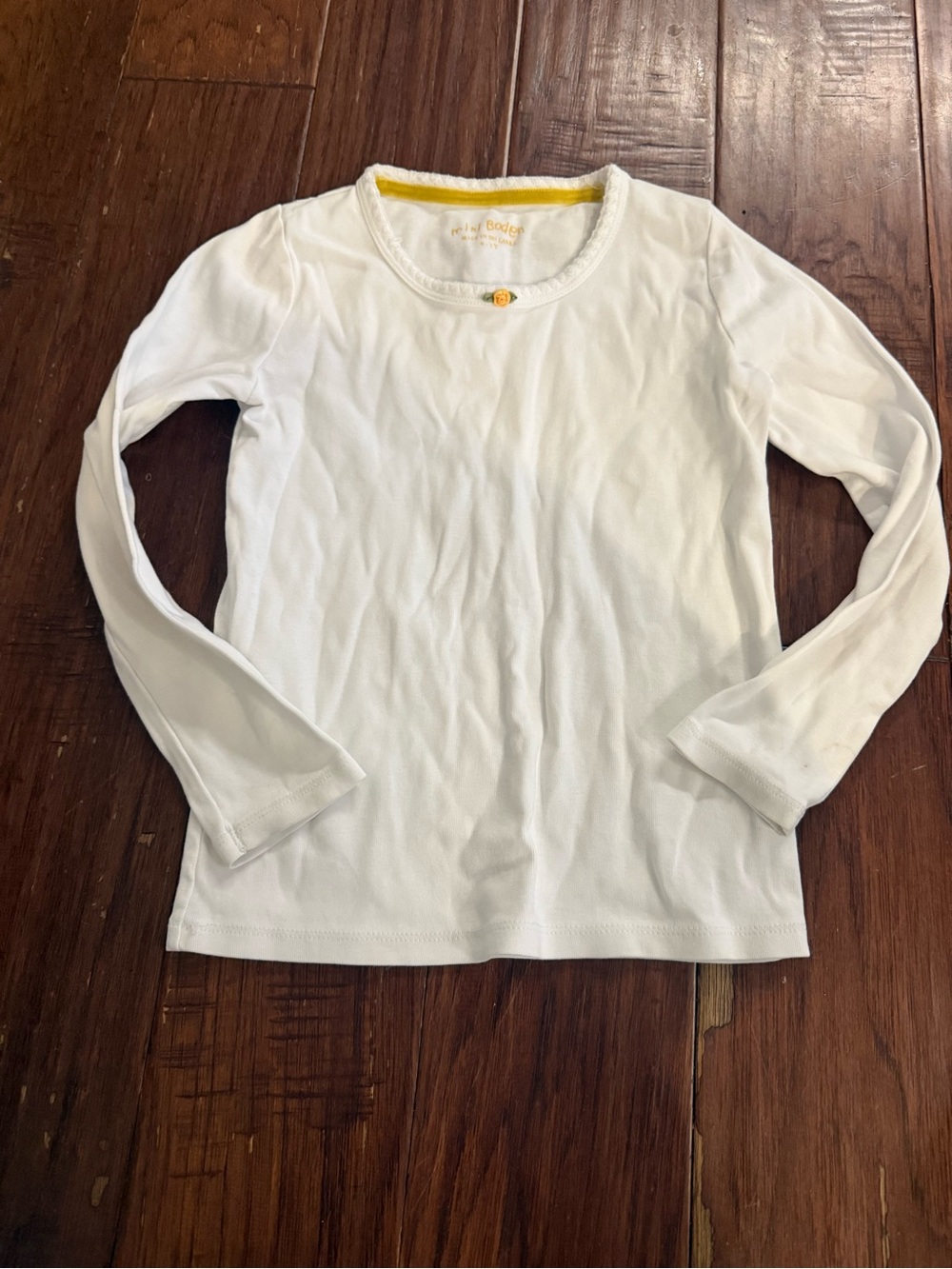 Mini Boden White Long-Sleeve Tee with Yellow Neck Trim